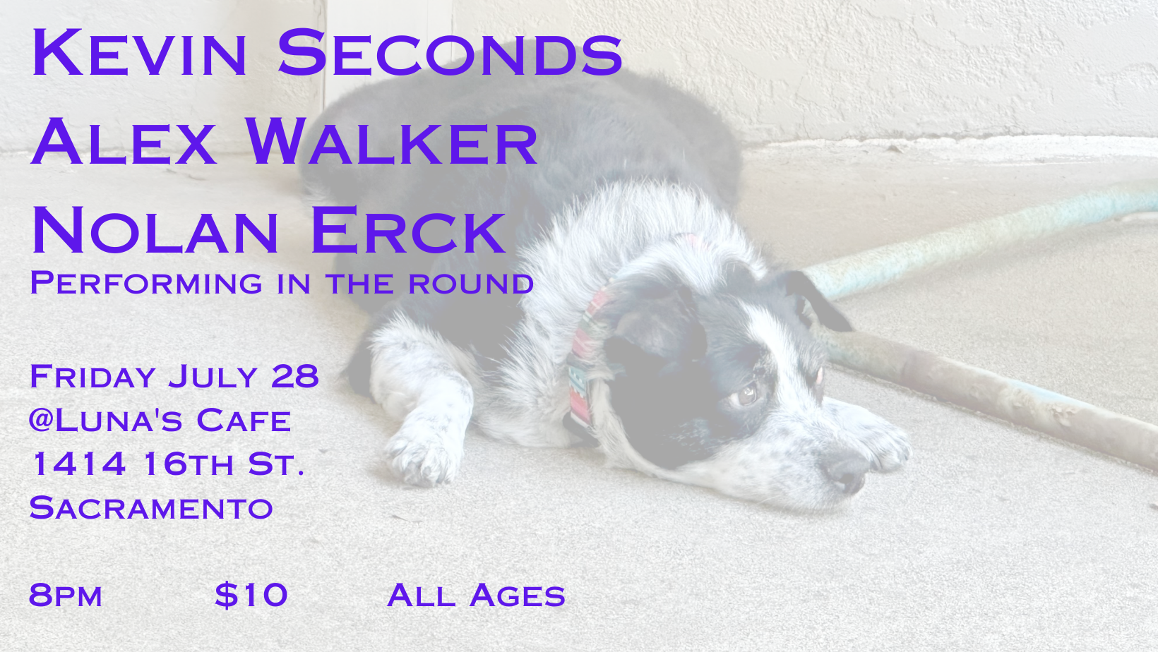Flyer for Kevin Seconds, Alex Walker, and Nolan Erck at Luna's on Friday July 28.